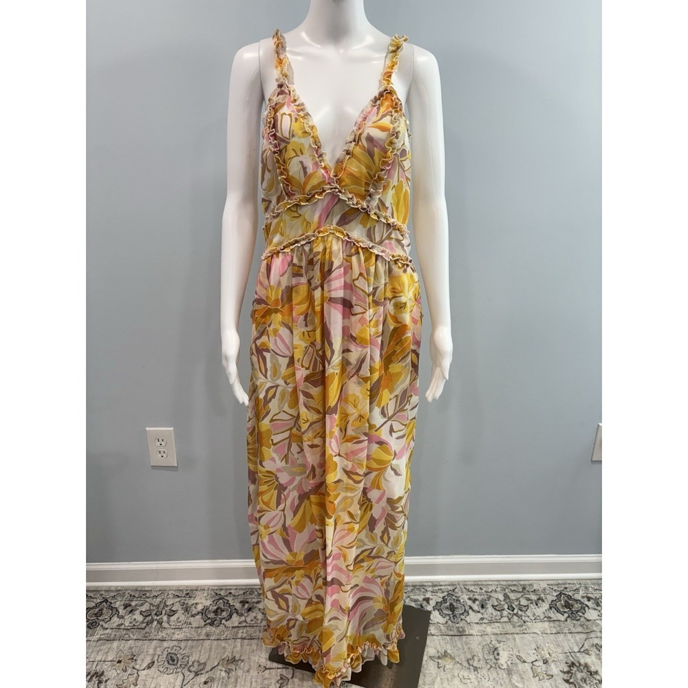 Moon Orchid Women's Floral Maxi Dress L Ruffle Adjustable Strap Flowy Summer